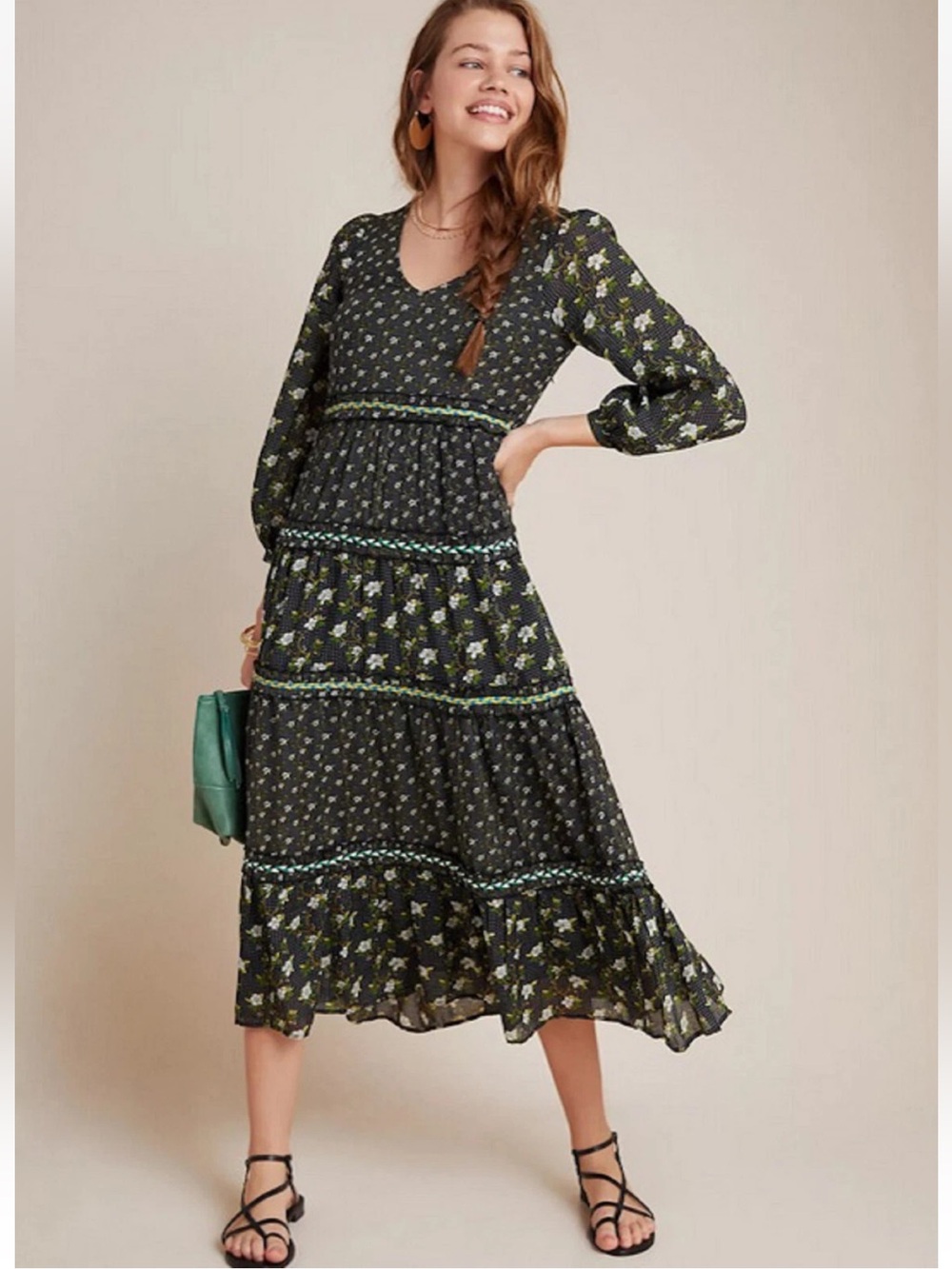 Anthropologie Women’s 6 Karoline Black White Floral Magnolia Tiered Midi Dress